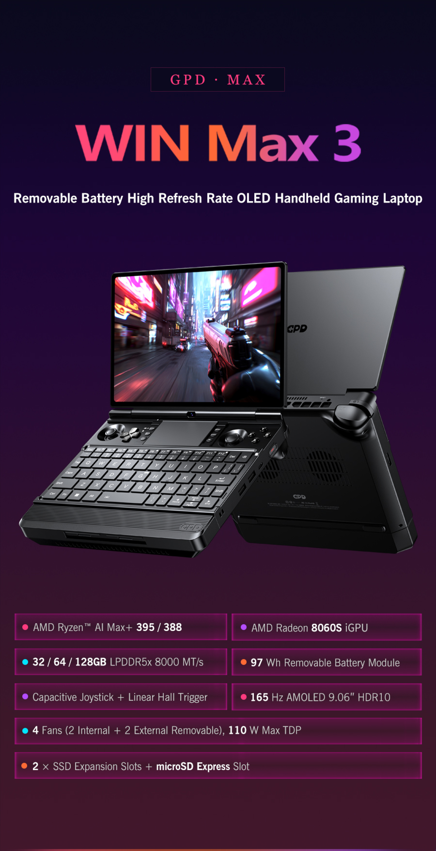 Subject - GPD WIN Max 3 Removable Battery High Refresh Rate OLED Handheld Gaming Laptop