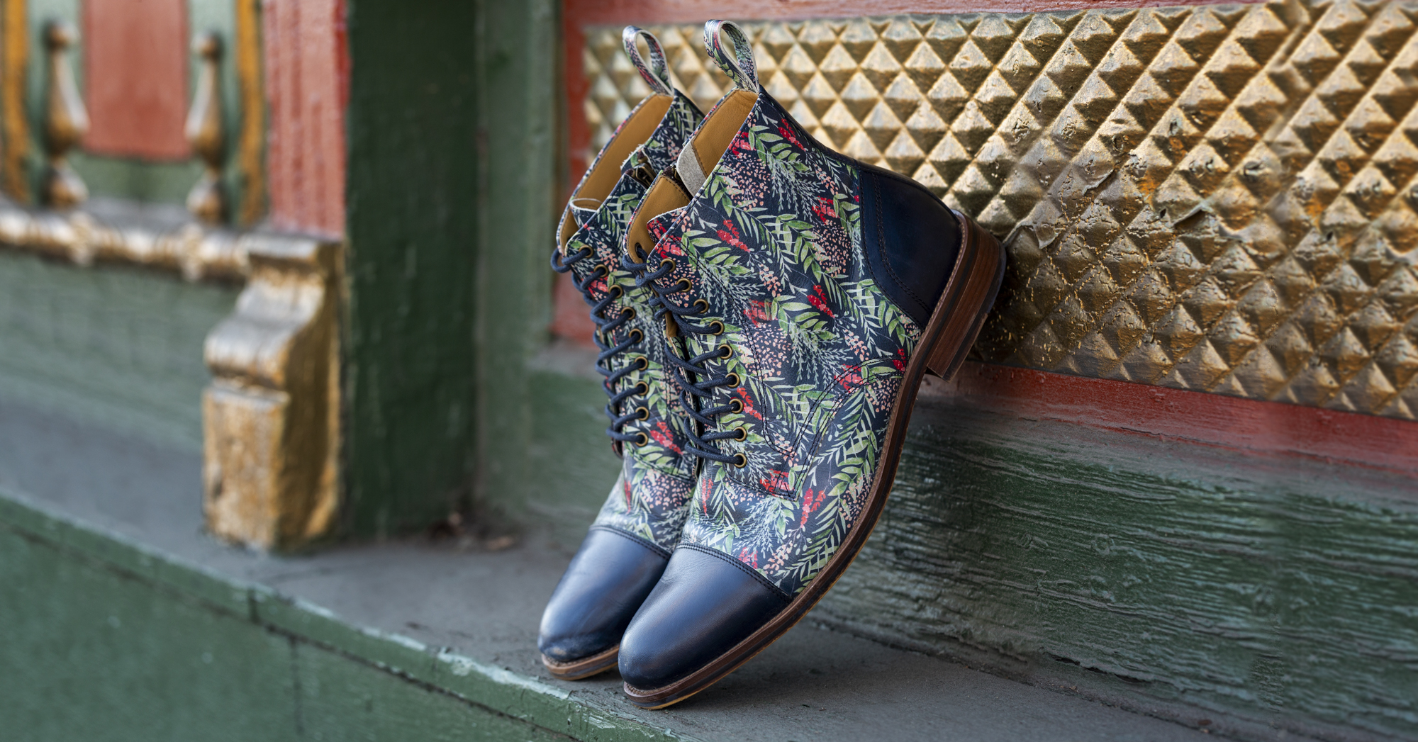 Thatcher Finch Men\'s Blue Floral Patterned Luxury Derby Dress Boots Size 9 Patterned Leather Footwear- Inspired by You by Kyle Tarter  main image 3