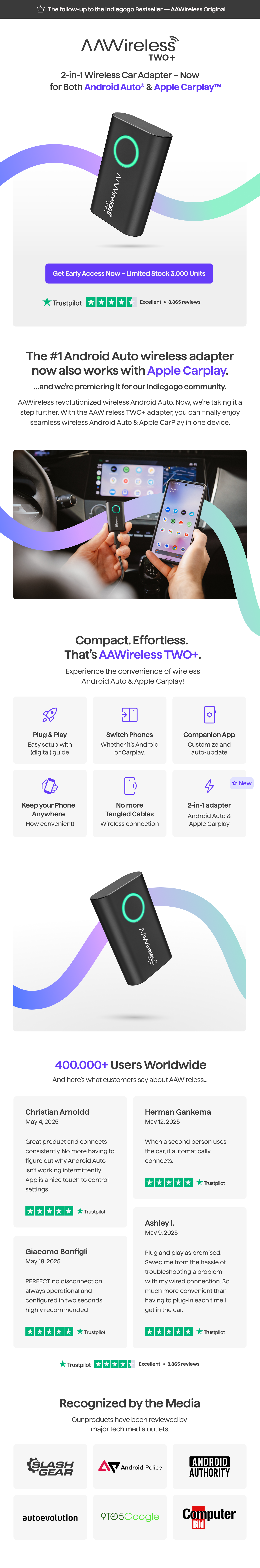 Adattatore wireless 2 in 1, Android Auto & Carplay, Convert Wired to Wireless Carplay Dongle, con Adattatore wireless 2 in 1, Android Auto & Carplay, Convert Wired to Wireless Carplay Dongle, con
