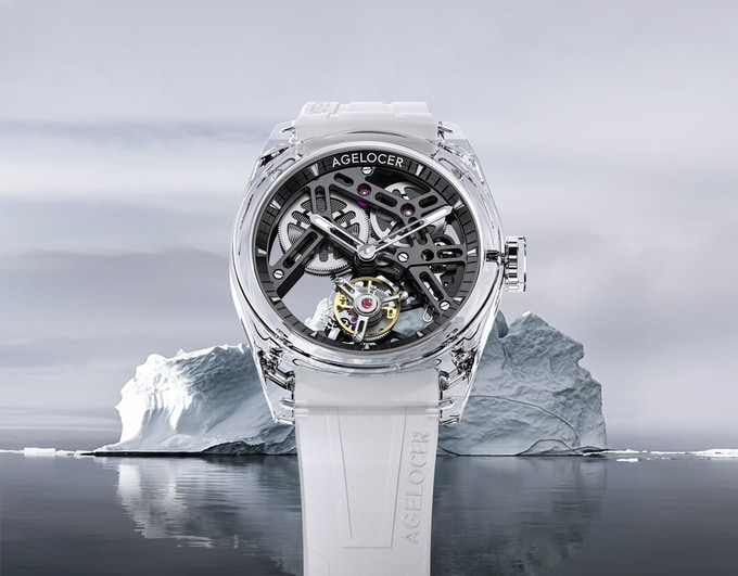 Agelocer Orologio Meccanico Uomo Con Tourbillon A Doppio Lato Trasparente - Vetro Zaffiro, Cinturino In Gomma Bianca