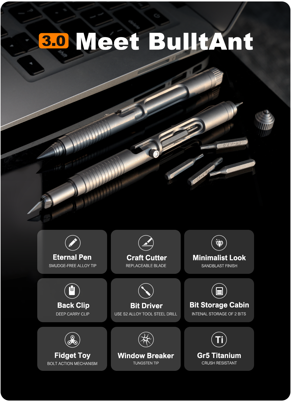 Metool Bullet Ant 3.0:Titanium Bolt-Action Multi-Tool Pen by MeTool Design ...