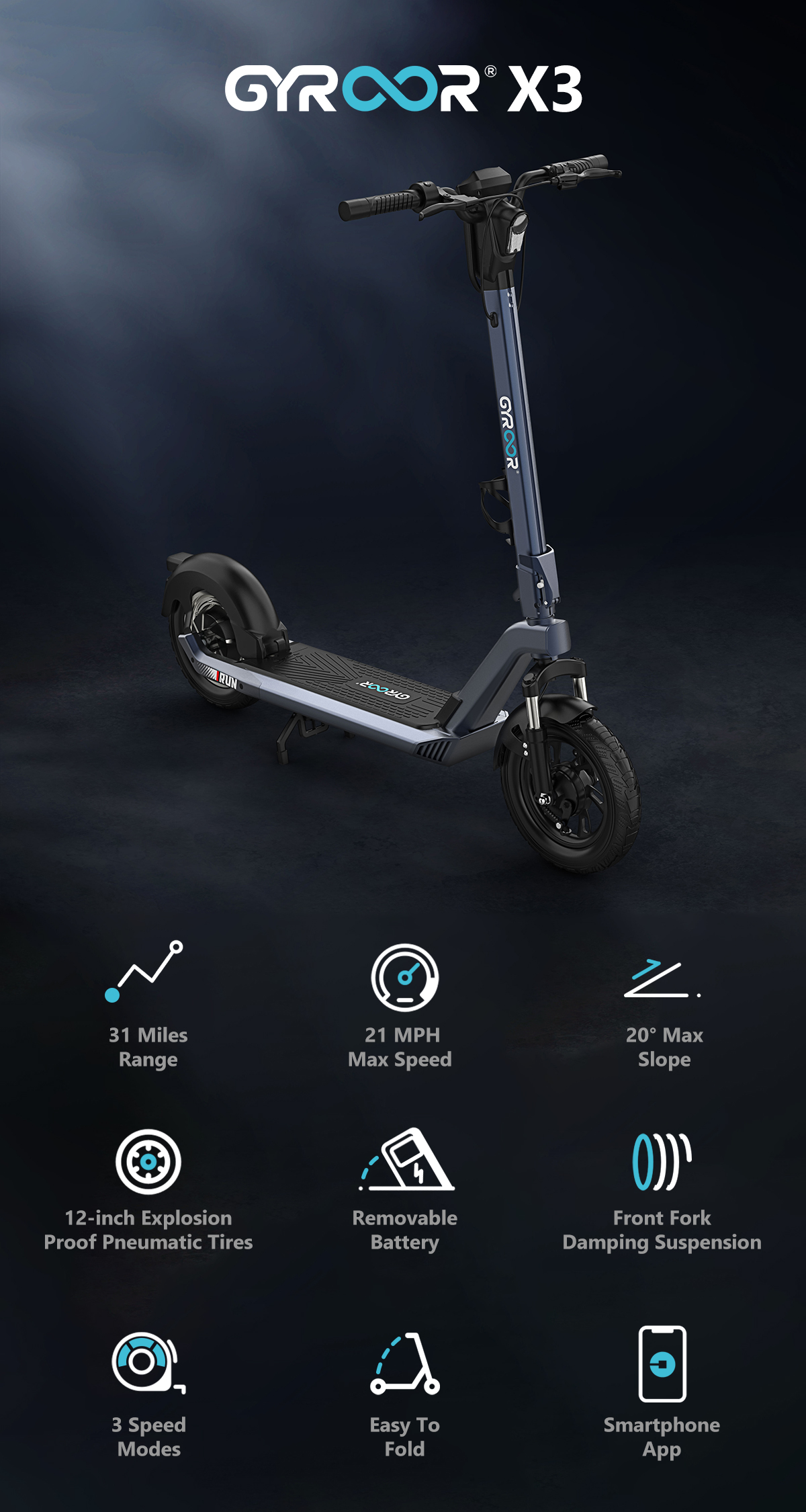 Gyroor X3: Fat Tire Scooter with Removable Battery by Gyroor