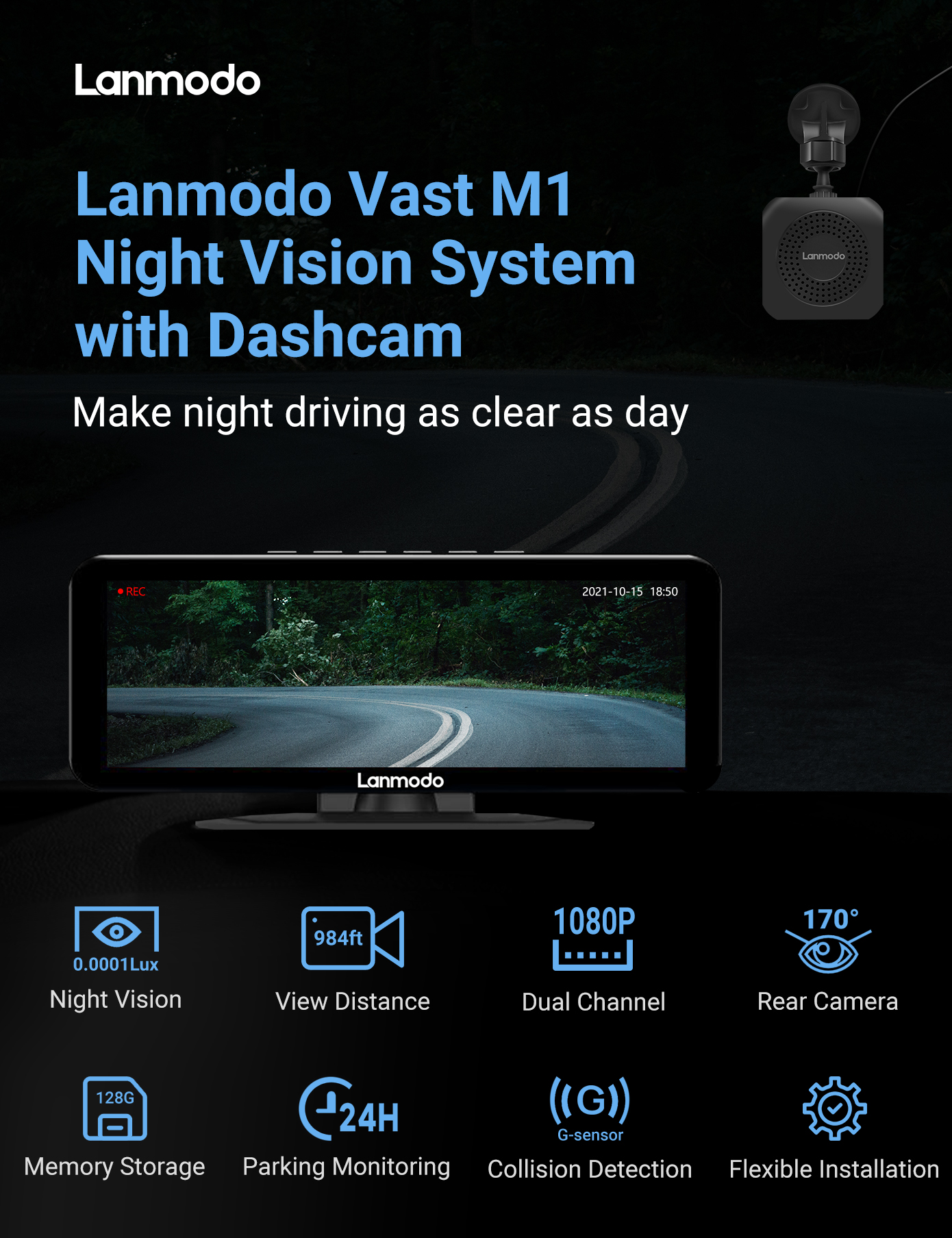 Lanmodo Vast M1: Night Vision System with Dashcam by Lanmodo